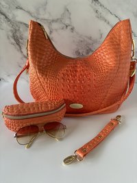 Orange Croc Faux Leather Handbag Set – Semi-Slouchy Shoulder Bag with Glasses Case