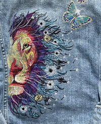 Custom Embroidered Dandy-Lion & Butterflies Denim Jacket with Genuine Crystals, Boho Women's One of a Kind Upcycled Denim Jacket