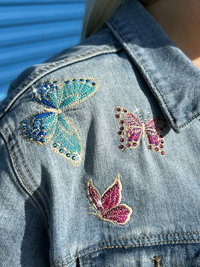 Custom Embroidered Dandy-Lion & Butterflies Denim Jacket with Genuine Crystals, Boho Women's One of a Kind Upcycled Denim Jacket