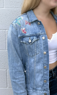 Custom Embroidered Dandy-Lion & Butterflies Denim Jacket with Genuine Crystals, Boho Women's One of a Kind Upcycled Denim Jacket