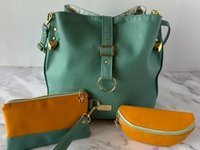3-Piece Green Pastel Wintergreen Semi-Slouch handbag 3-piece set with wristlet and sunglass/eyeglass case included