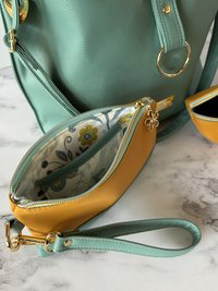 3-Piece Green Pastel Wintergreen Semi-Slouch handbag 3-piece set with wristlet and sunglass/eyeglass case included