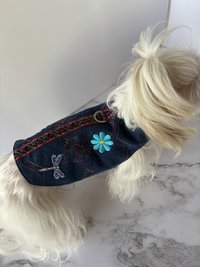 Denim dog harness for the fashionable, relaxed pup - One of a kind - Handmade Aztek style denim small dog vest with D-ring