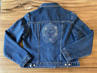 Women's Embroidered Denim Jacket with boho diva with a Mandala Halo - Adorned with Austrian Crystals, Upcycled Denim Jacket, Sustainable