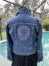 Women's Embroidered Denim Jacket with boho diva with a Mandala Halo - Adorned with Austrian Crystals, Upcycled Denim Jacket, Sustainable