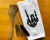 Embroidered Skeleton Hand Rocker Dish Towel, Gothic Skeleton Kitchen Decor