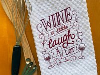 Embroidered Wine & Laugh Cocktail Dish Towel, Festive Hostess or New Home Gift
