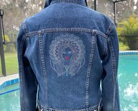 Women's Embroidered Denim Jacket with boho diva with a Mandala Halo - Adorned with Austrian Crystals, Upcycled Denim Jacket, Sustainable