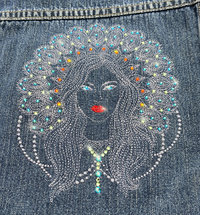 Women's Embroidered Denim Jacket with boho diva with a Mandala Halo - Adorned with Austrian Crystals, Upcycled Denim Jacket, Sustainable