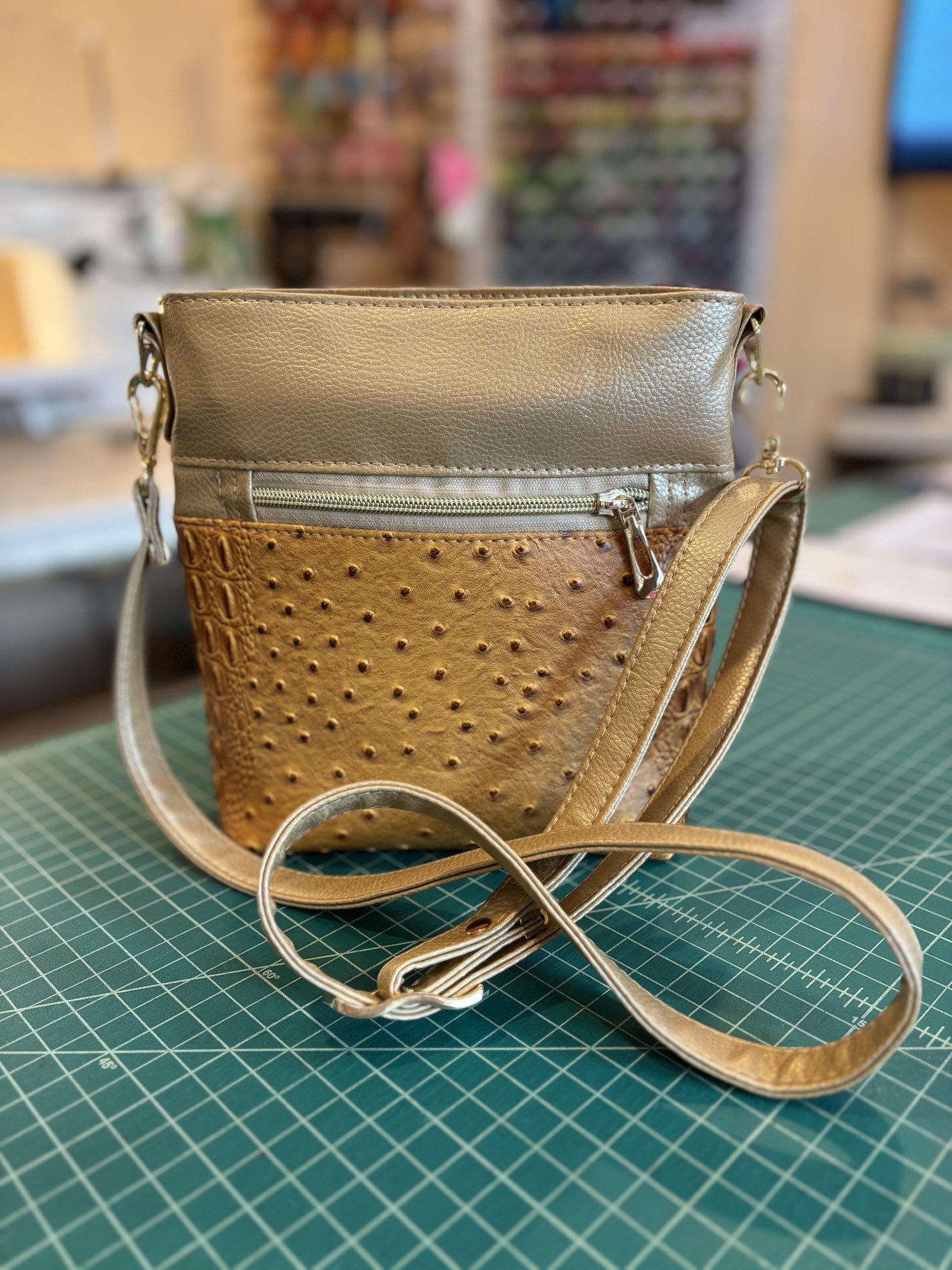 The Donna Crossbody Bag – Gold Ostrich & Croc Travel Purse with Pockets