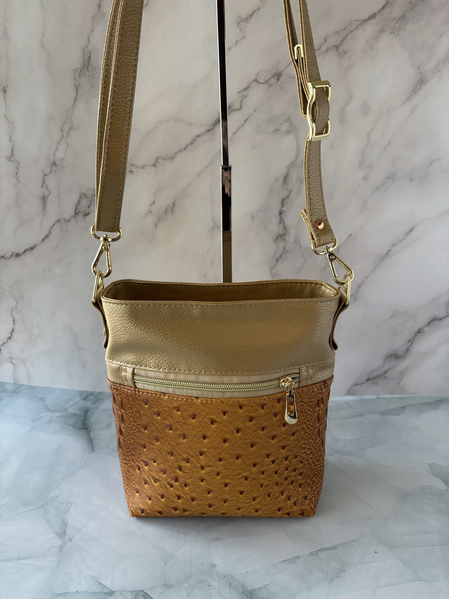 The Donna Crossbody Bag – Gold Ostrich & Croc Travel Purse with Pockets