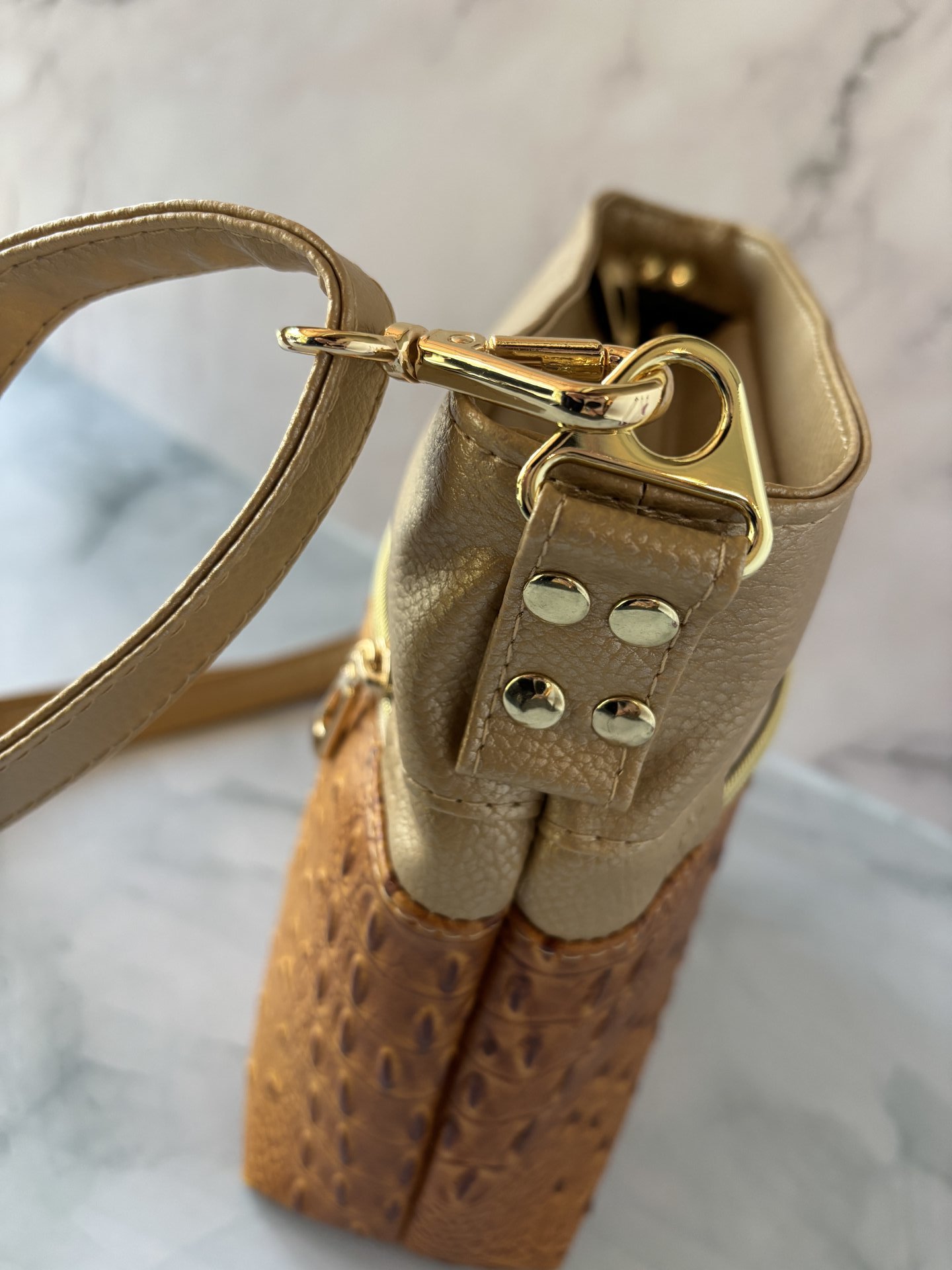 The Donna Crossbody Bag – Gold Ostrich & Croc Travel Purse with Pockets