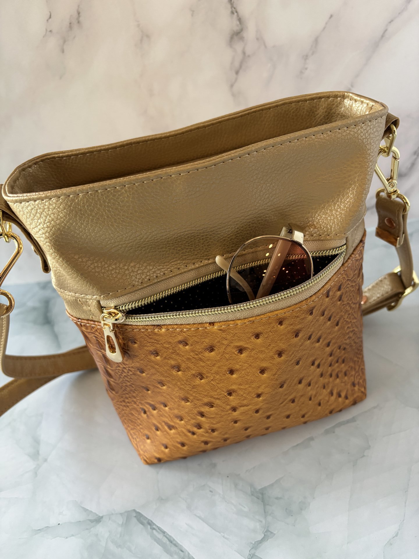 The Donna Crossbody Bag – Gold Ostrich & Croc Travel Purse with Pockets