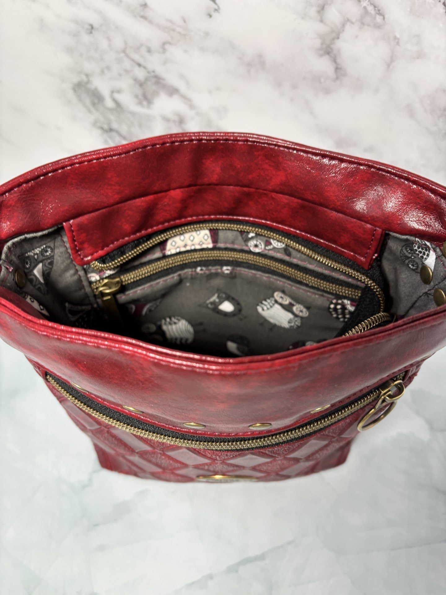The Donna Crossbody – Deep Scarlet Multi-Pocket Travel Bag with Antique Gold Hardware