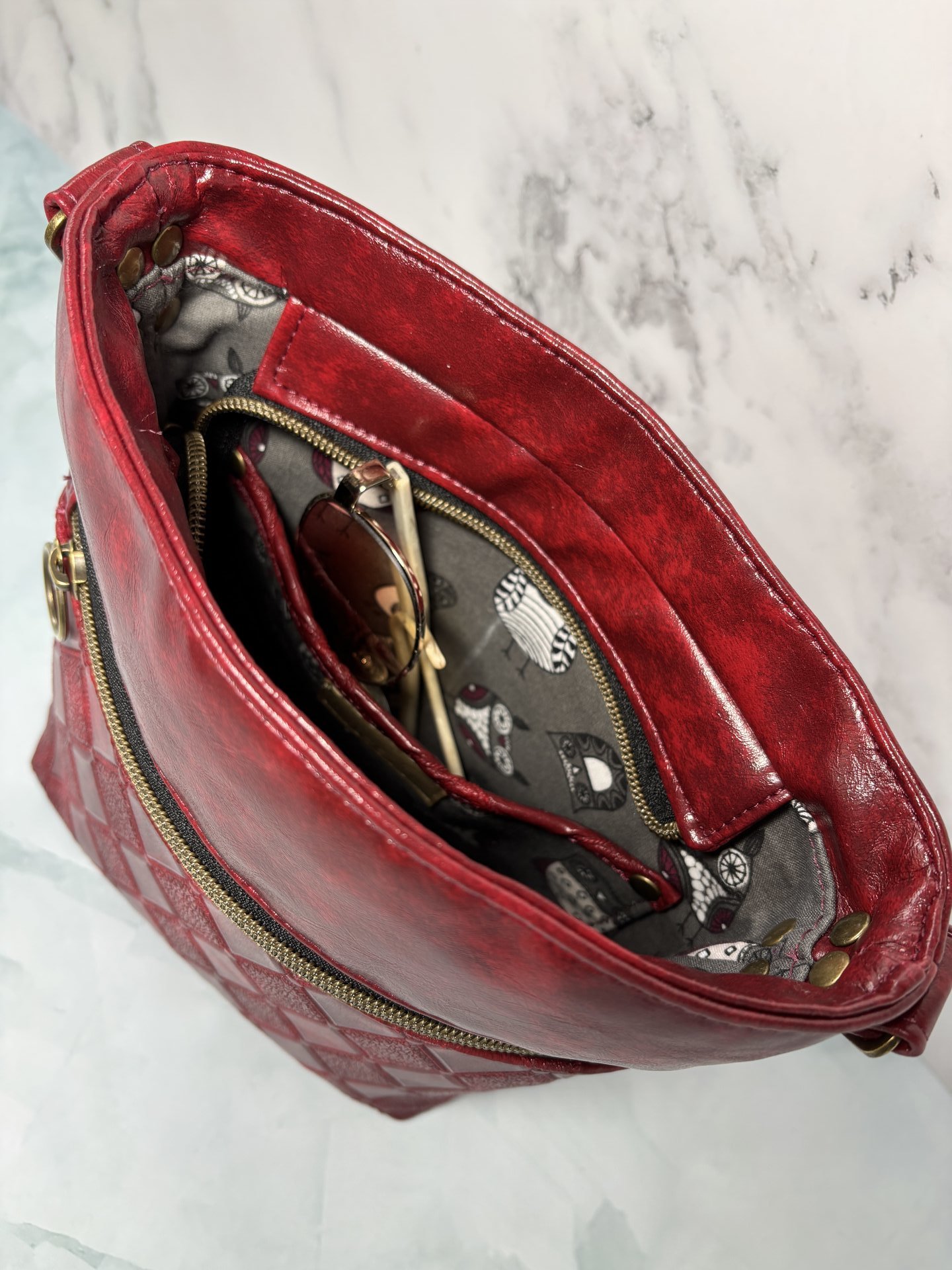 The Donna Crossbody – Deep Scarlet Multi-Pocket Travel Bag with Antique Gold Hardware
