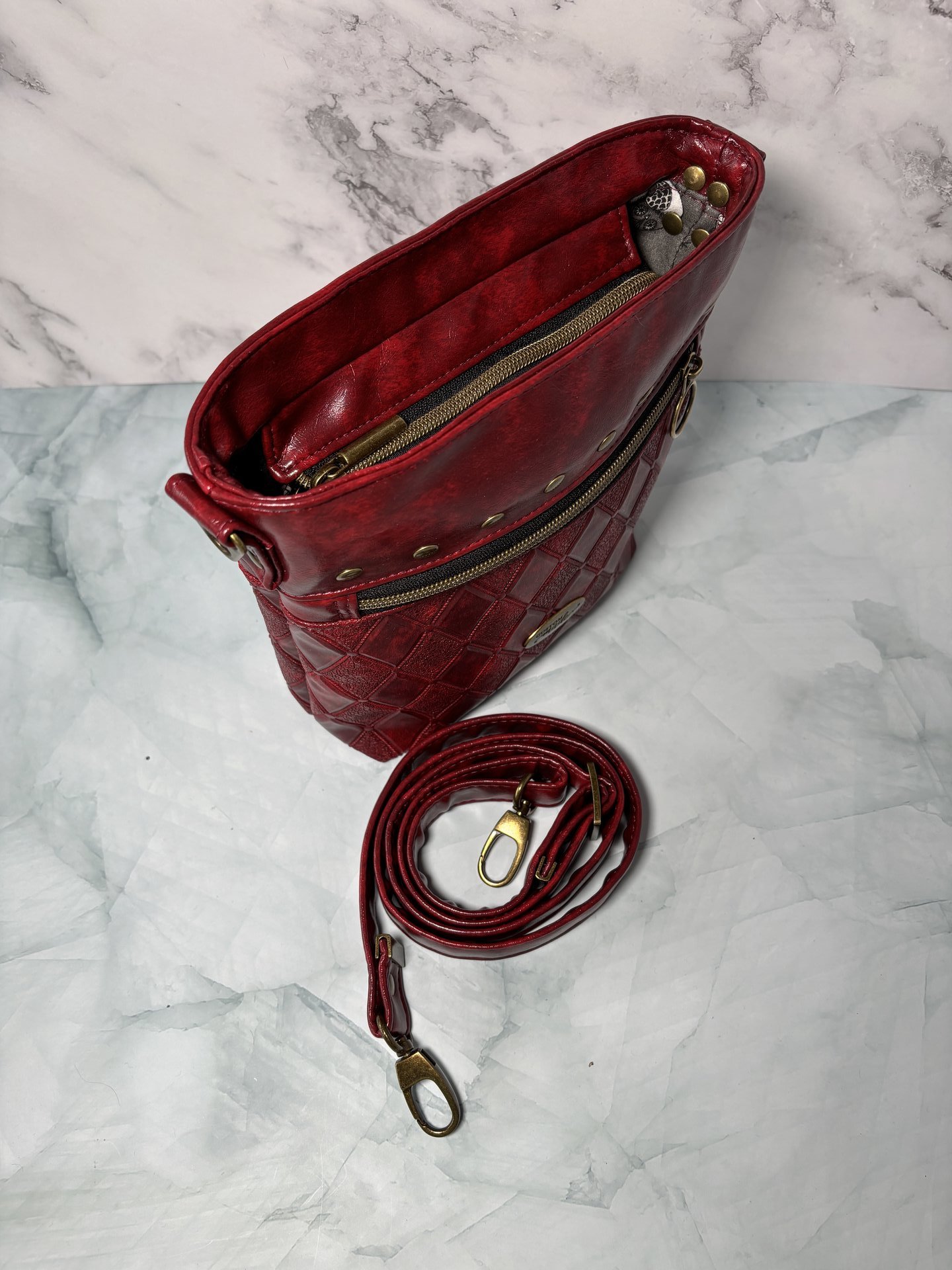 The Donna Crossbody – Deep Scarlet Multi-Pocket Travel Bag with Antique Gold Hardware