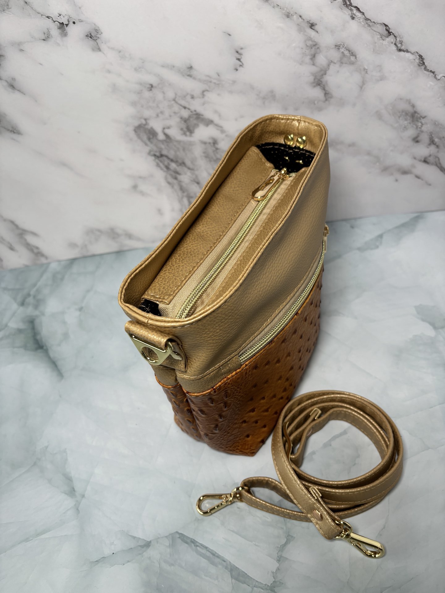 The Donna Crossbody Bag – Gold Ostrich & Croc Travel Purse with Pockets