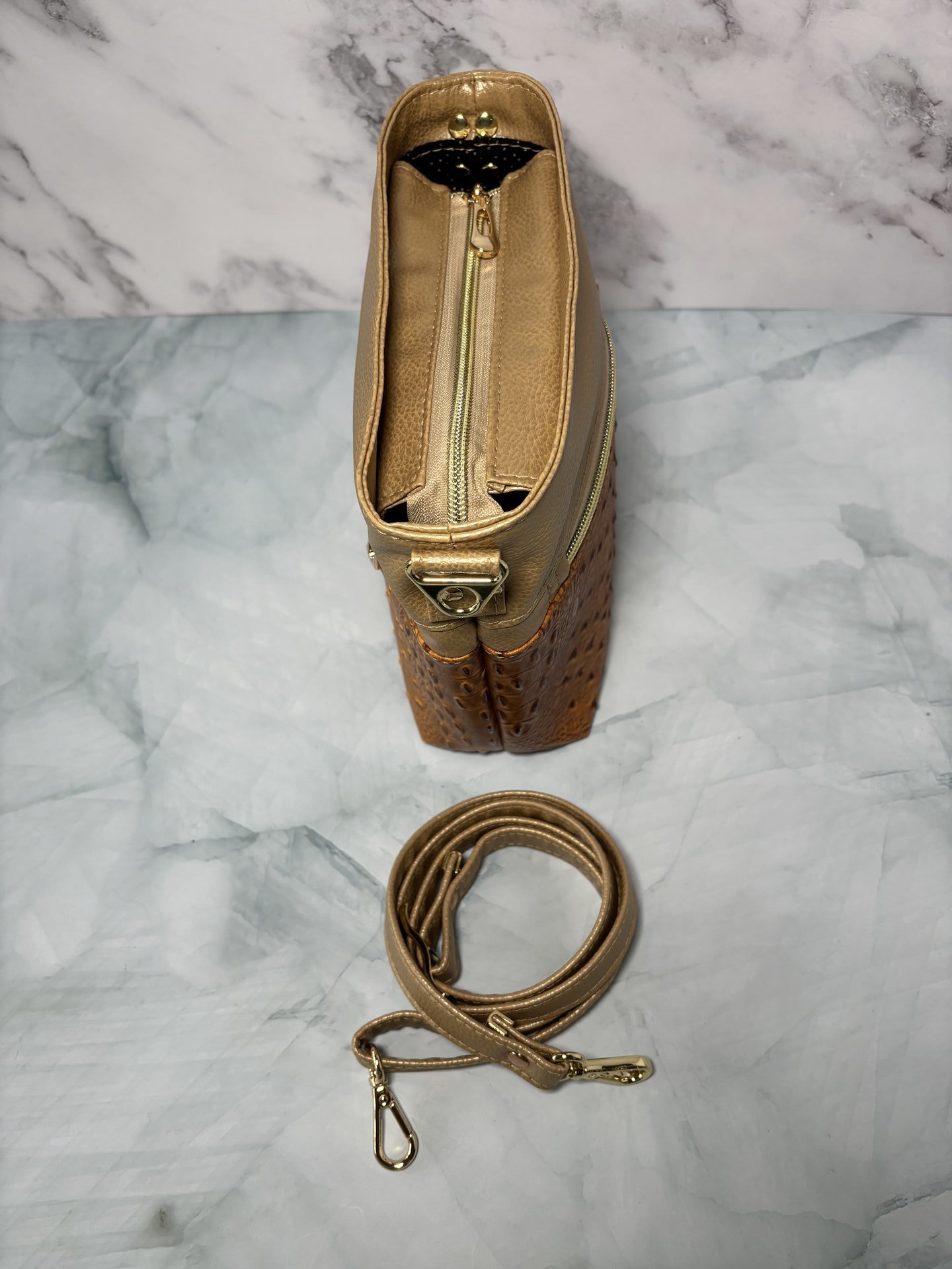 The Donna Crossbody Bag – Gold Ostrich & Croc Travel Purse with Pockets