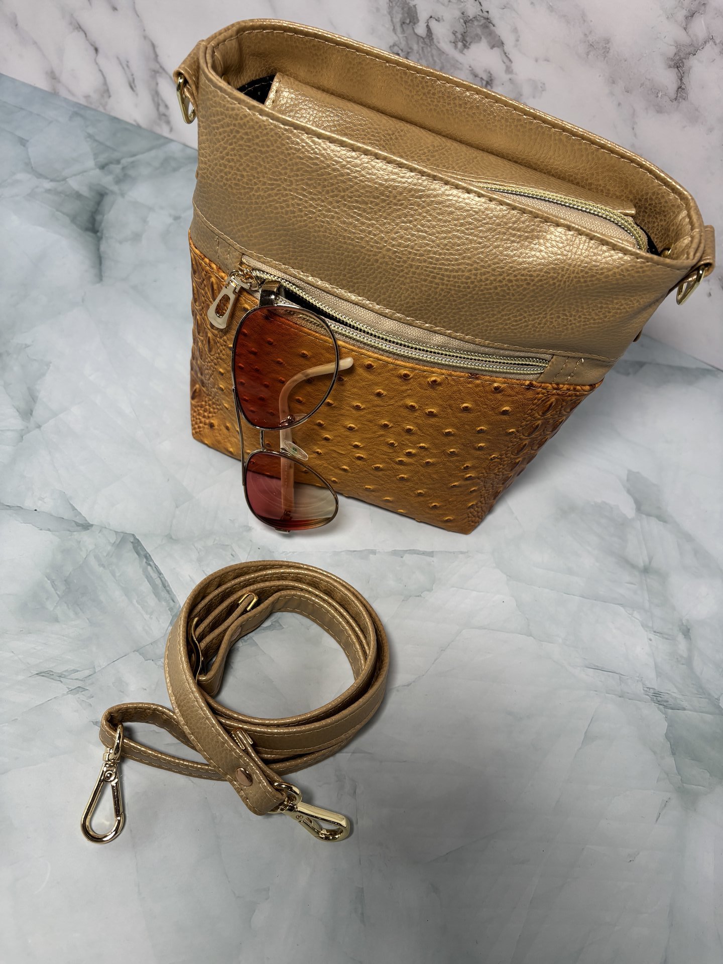 The Donna Crossbody Bag – Gold Ostrich & Croc Travel Purse with Pockets