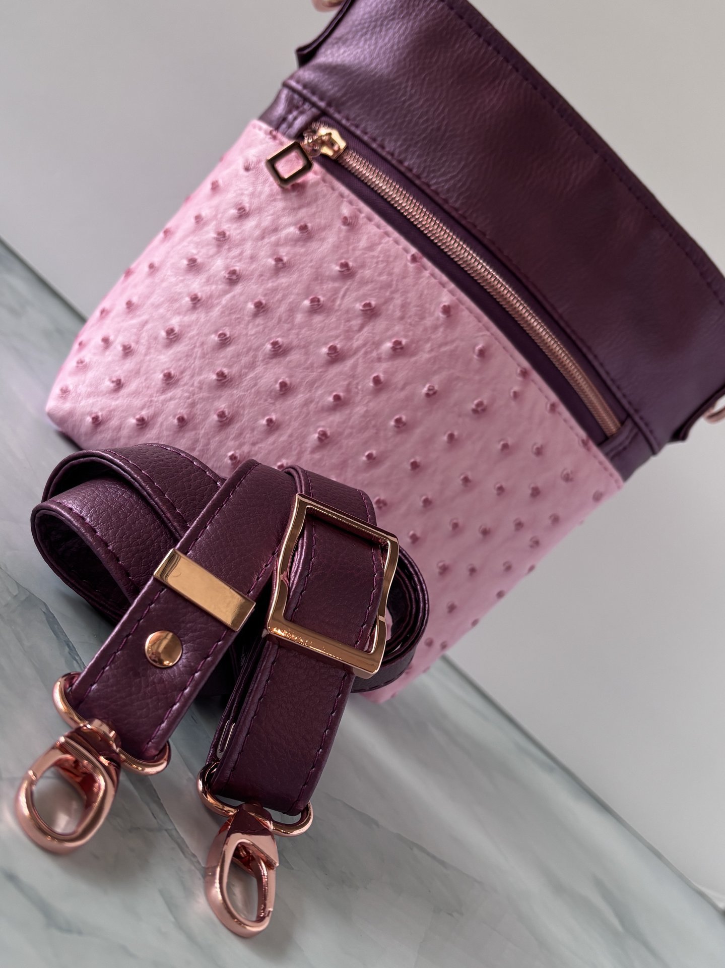The Donna Crossbody – Pink & Purple Ostrich & Synthetic Leather Crossbody Bag with Multi-Pocket Design