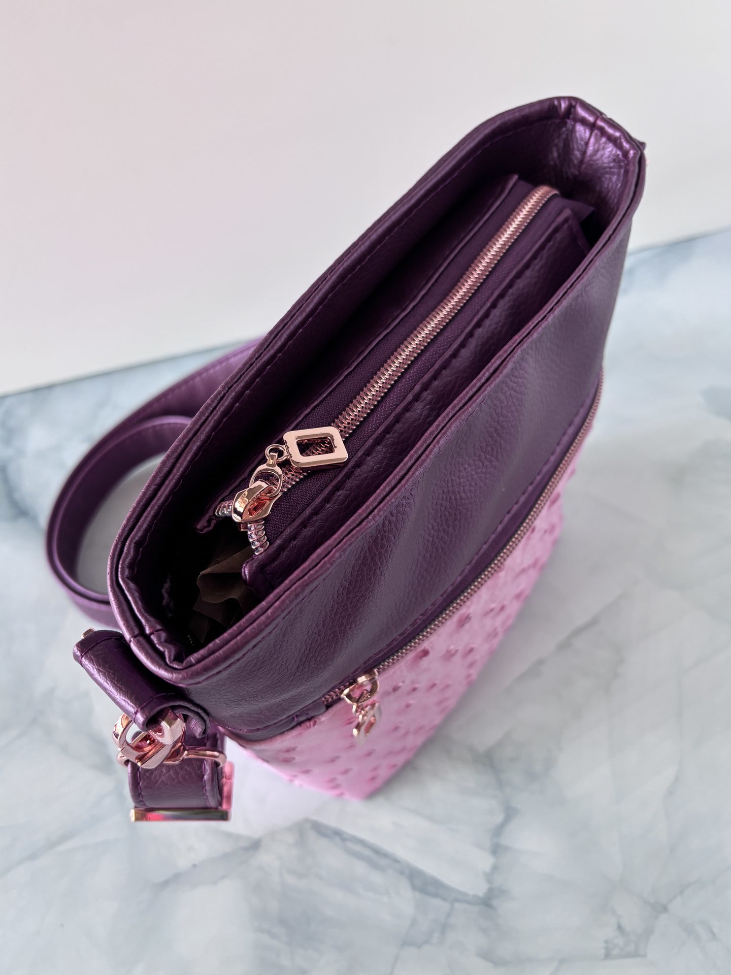 The Donna Crossbody – Pink & Purple Ostrich & Synthetic Leather Crossbody Bag with Multi-Pocket Design