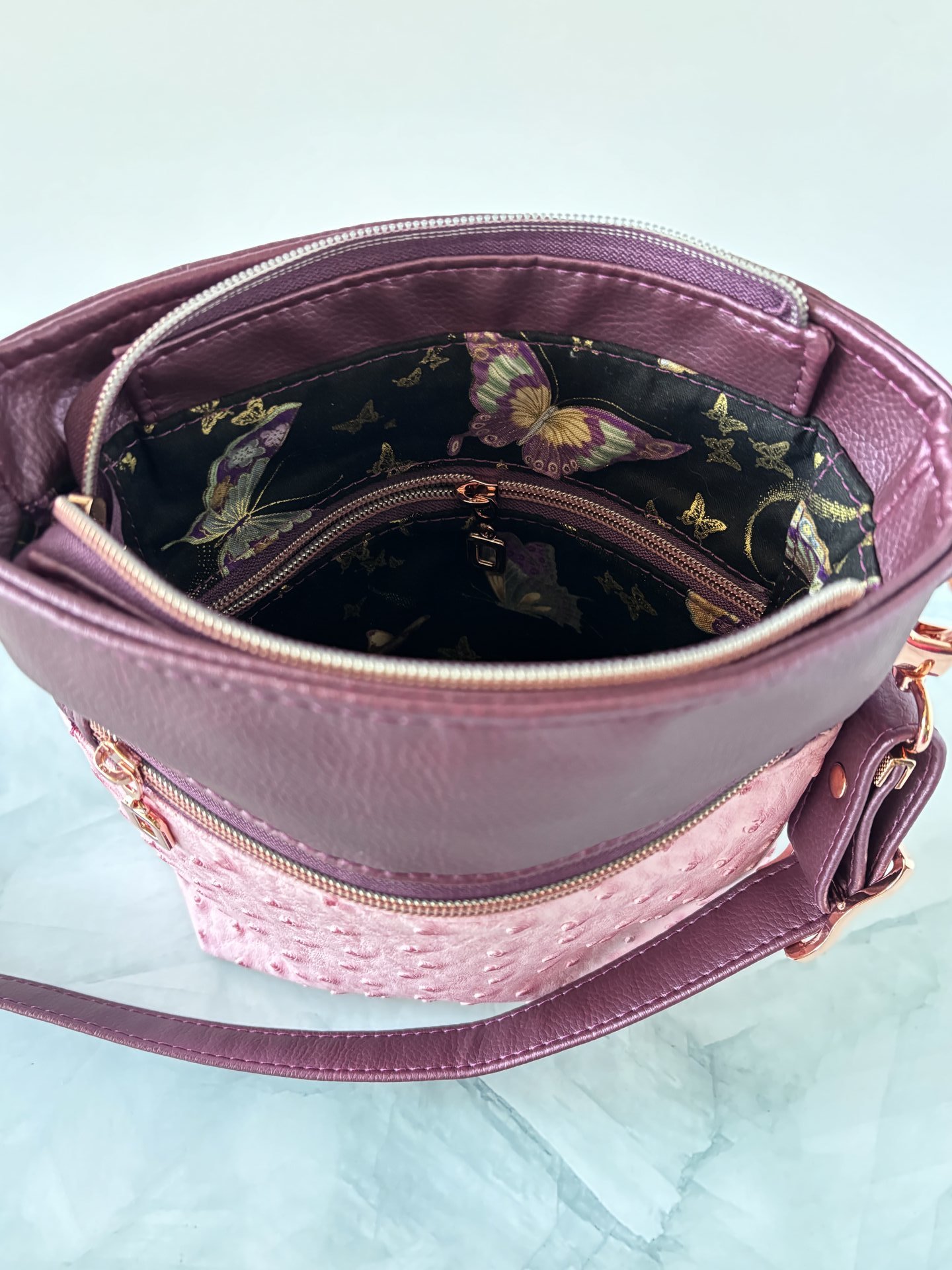 The Donna Crossbody – Pink & Purple Ostrich & Synthetic Leather Crossbody Bag with Multi-Pocket Design