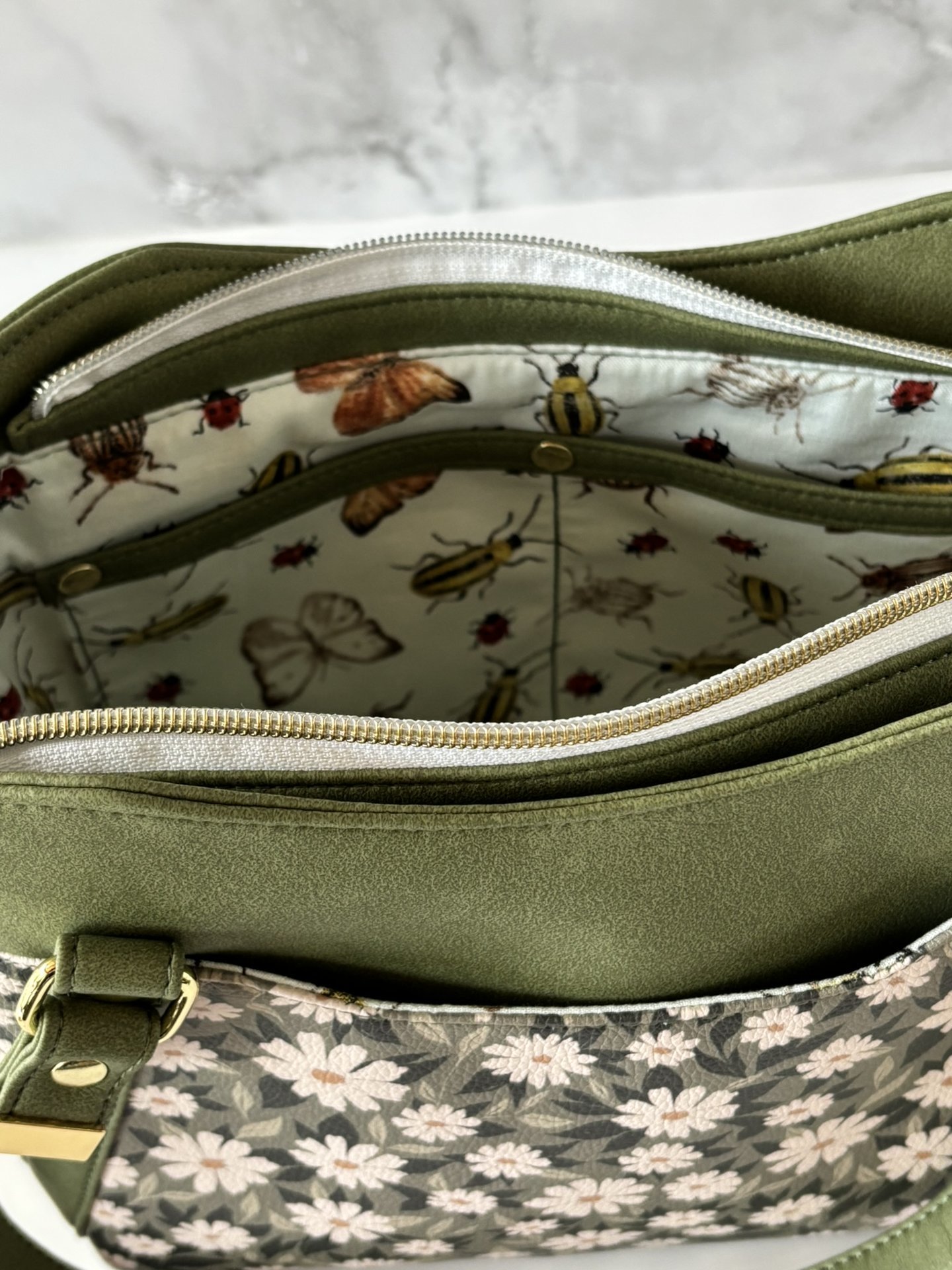 Daisy-Mae Floral Handbag – Olive Green Convertible Crossbody, Shoulder Bag with Gold Hardware - Shoulder, Handbag & Crossbody