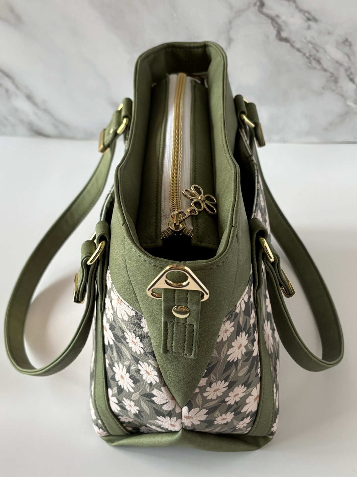 Daisy-Mae Floral Handbag – Olive Green Convertible Crossbody, Shoulder Bag with Gold Hardware - Shoulder, Handbag & Crossbody