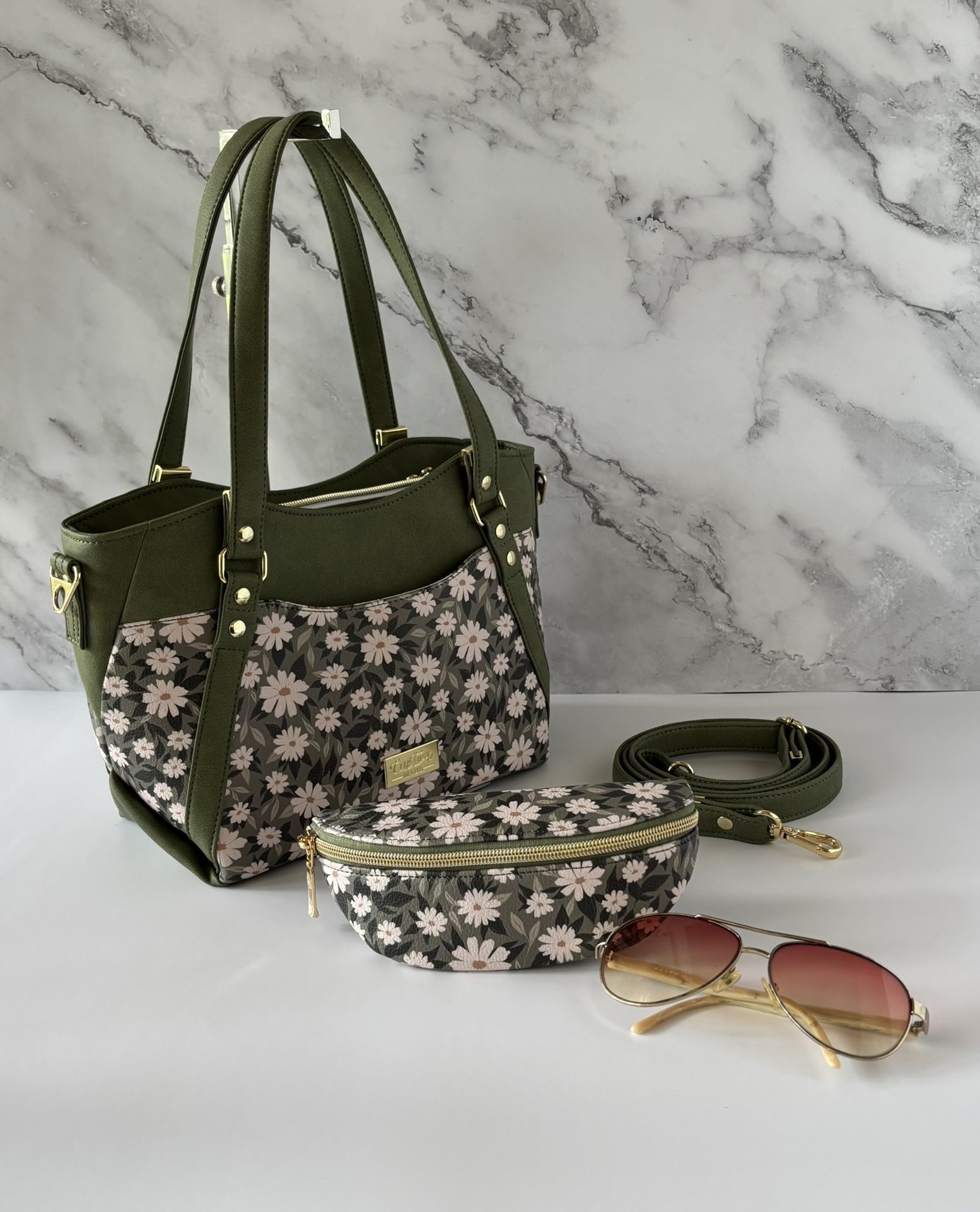 Daisy-Mae Floral Handbag – Olive Green Convertible Crossbody, Shoulder Bag with Gold Hardware - Shoulder, Handbag & Crossbody