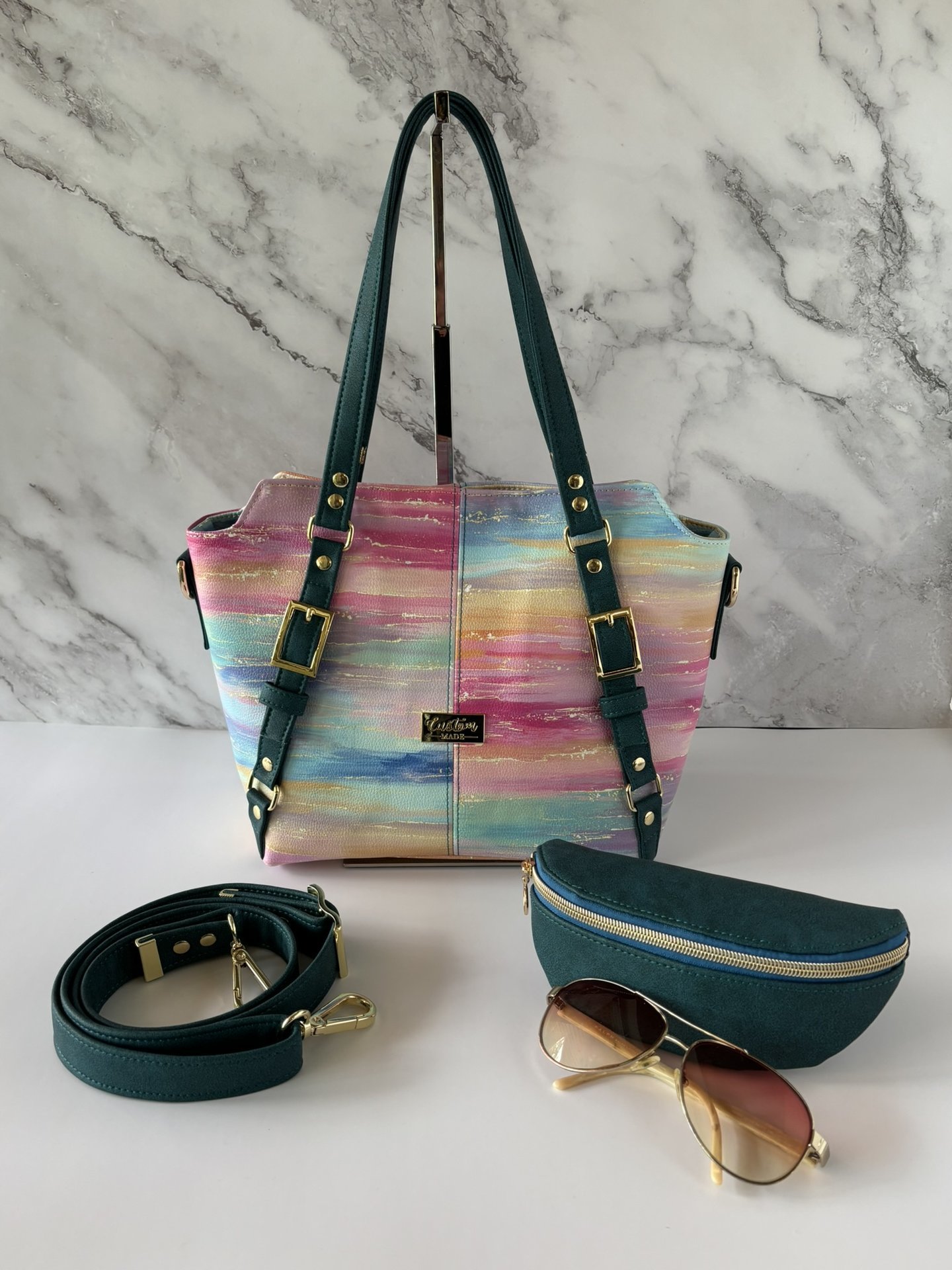 The Sunset Mirage Tote – Colorwashed with Moroccan Blue Straps and matching Eyeglass case