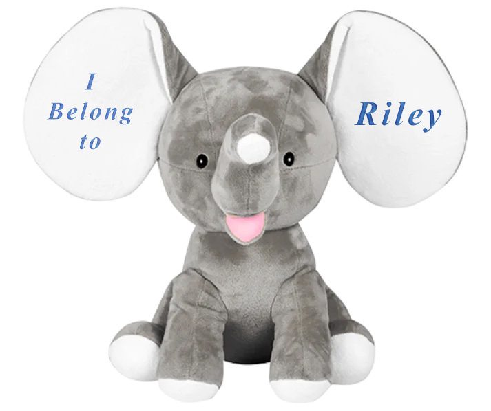 Personalized Blue, Pink or Grey Embroidered Colorful Soft & Cuddly Elephant as a Perfect Easter Gift, or Birthday Gift, or just for everyday