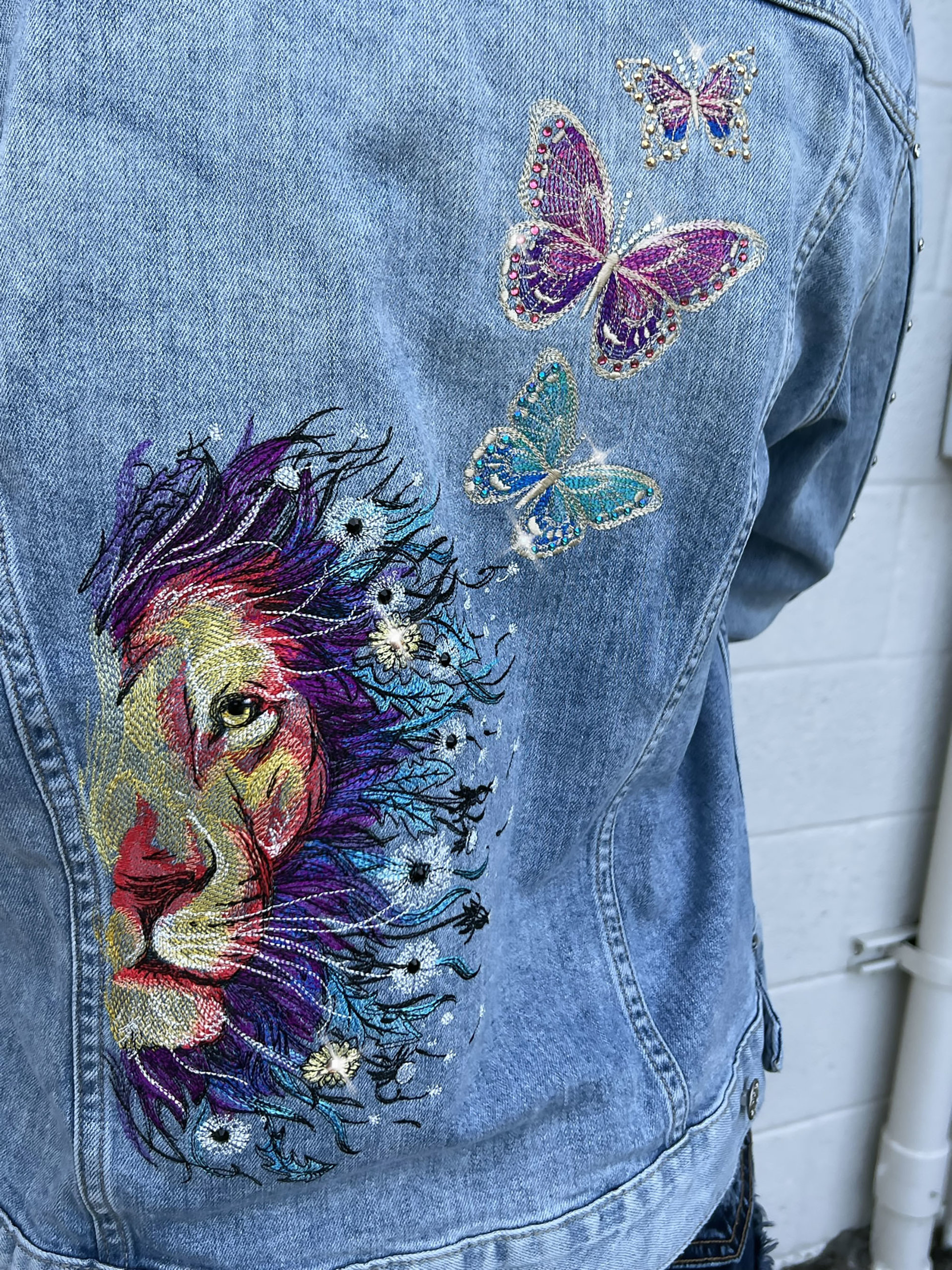 Custom Embroidered Dandy-Lion & Butterflies Denim Jacket with Genuine Crystals, Boho Women's One of a Kind Upcycled Denim Jacket