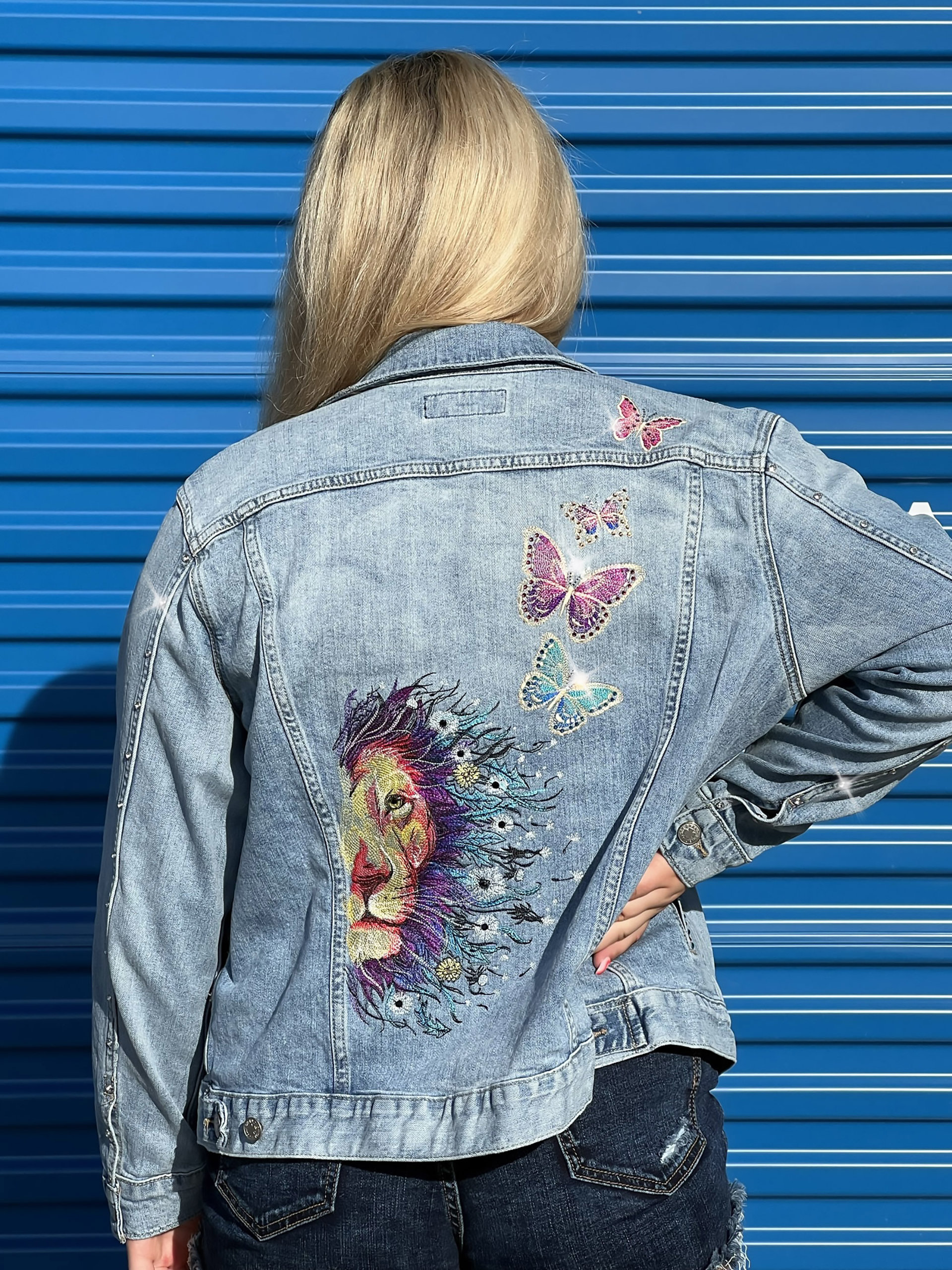 Custom Embroidered Dandy-Lion & Butterflies Denim Jacket with Genuine Crystals, Boho Women's One of a Kind Upcycled Denim Jacket
