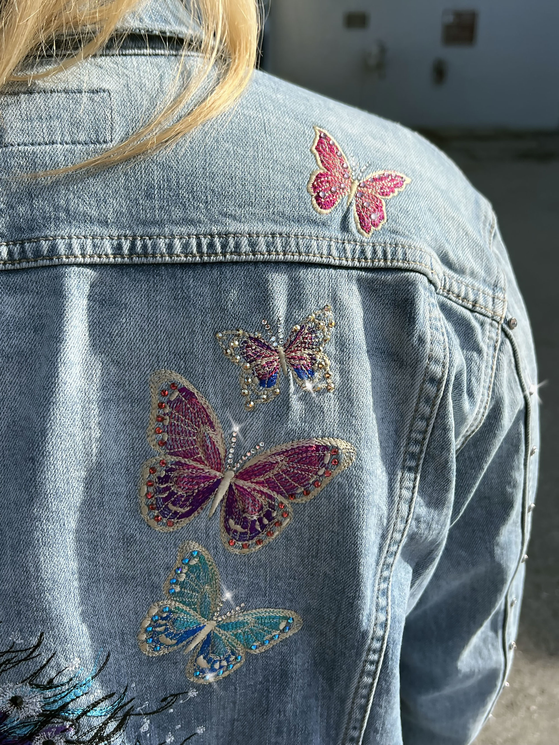 Custom Embroidered Dandy-Lion & Butterflies Denim Jacket with Genuine Crystals, Boho Women's One of a Kind Upcycled Denim Jacket