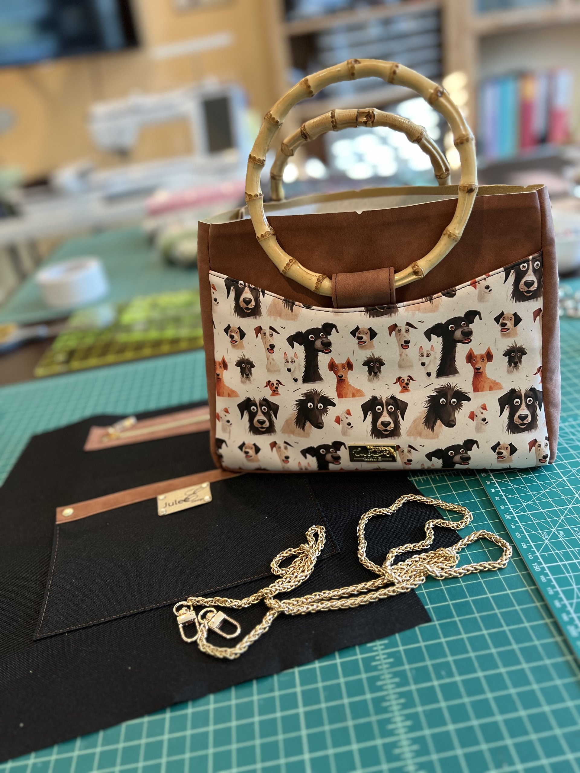 Custom medium sized funny dog handbag in premium faux leather and bamboo handles & crossbody strap - Great gift for the dog lover in your life who loves funny dogs