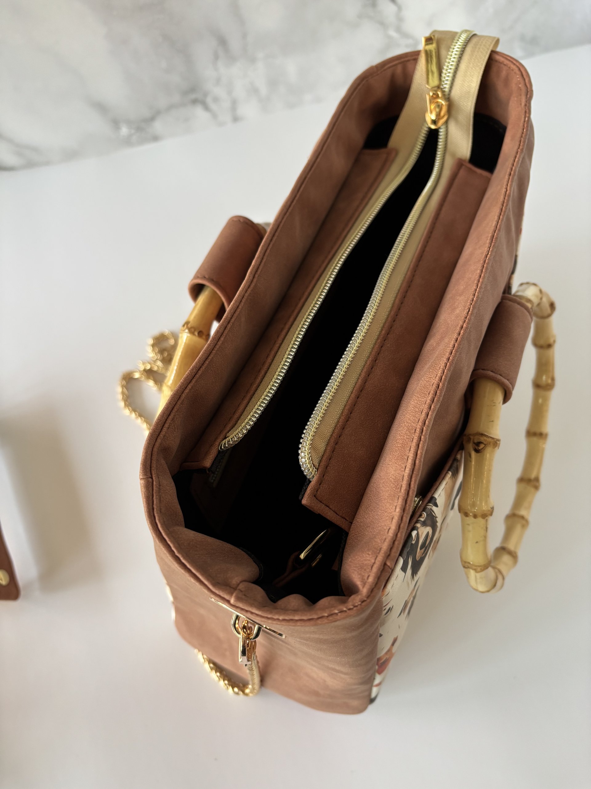 Custom medium sized funny dog handbag in premium faux leather and bamboo handles & crossbody strap - Great gift for the dog lover in your life who loves funny dogs