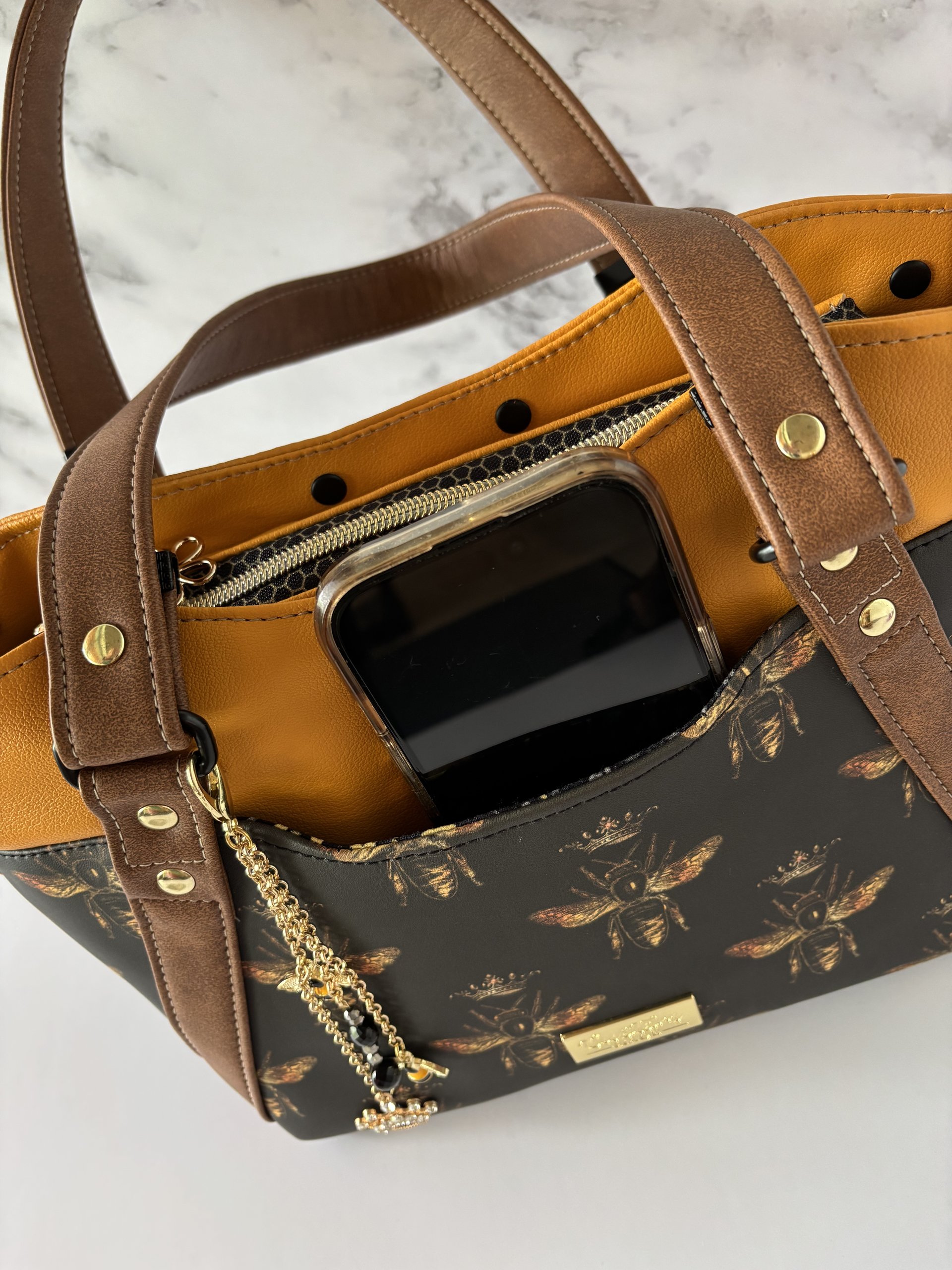 Queen Bee handbag with matching glass/sunglass case - Gold and honeycomb designer inspired bag