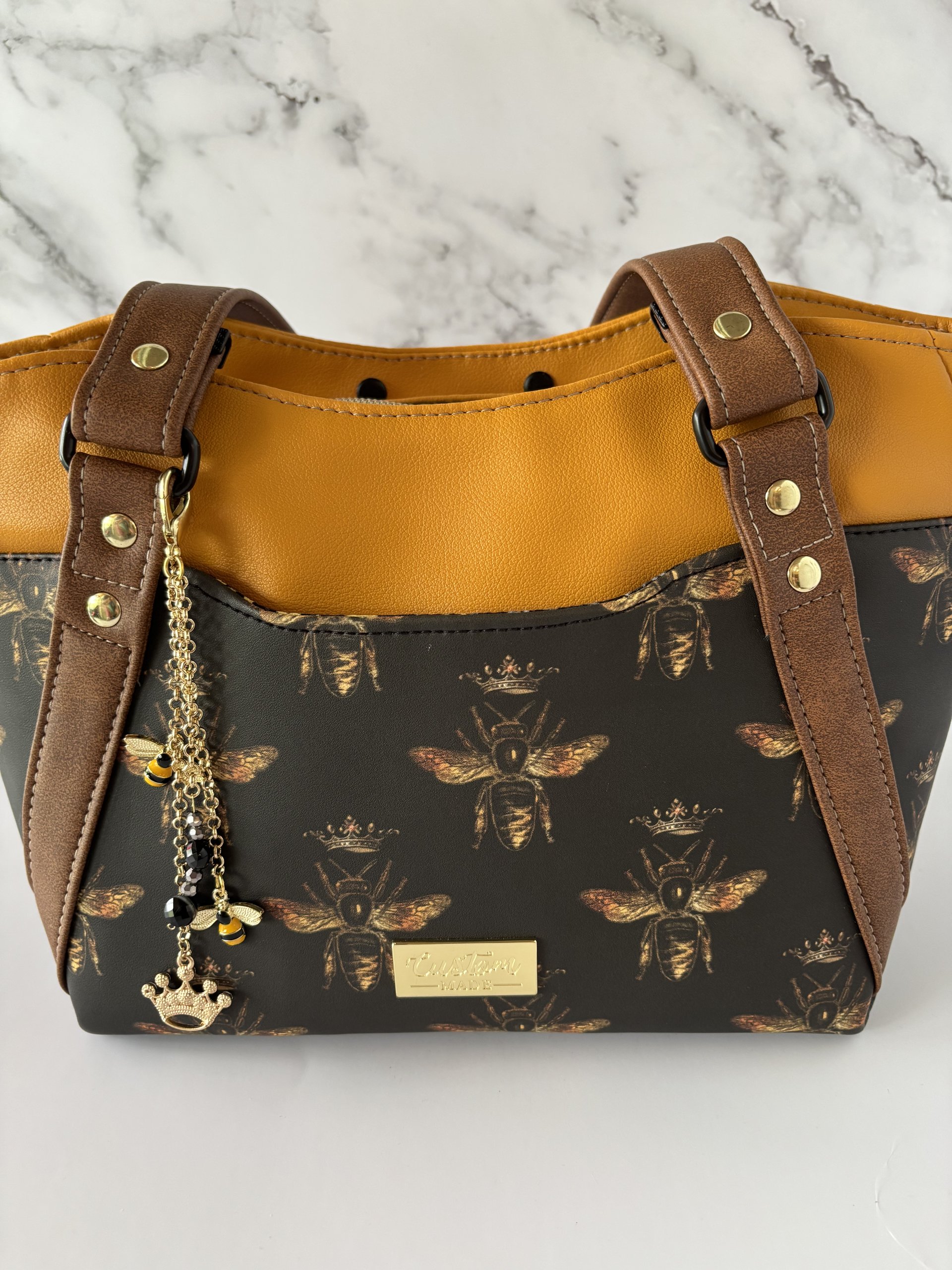 Queen Bee handbag with matching glass/sunglass case - Gold and honeycomb designer inspired bag