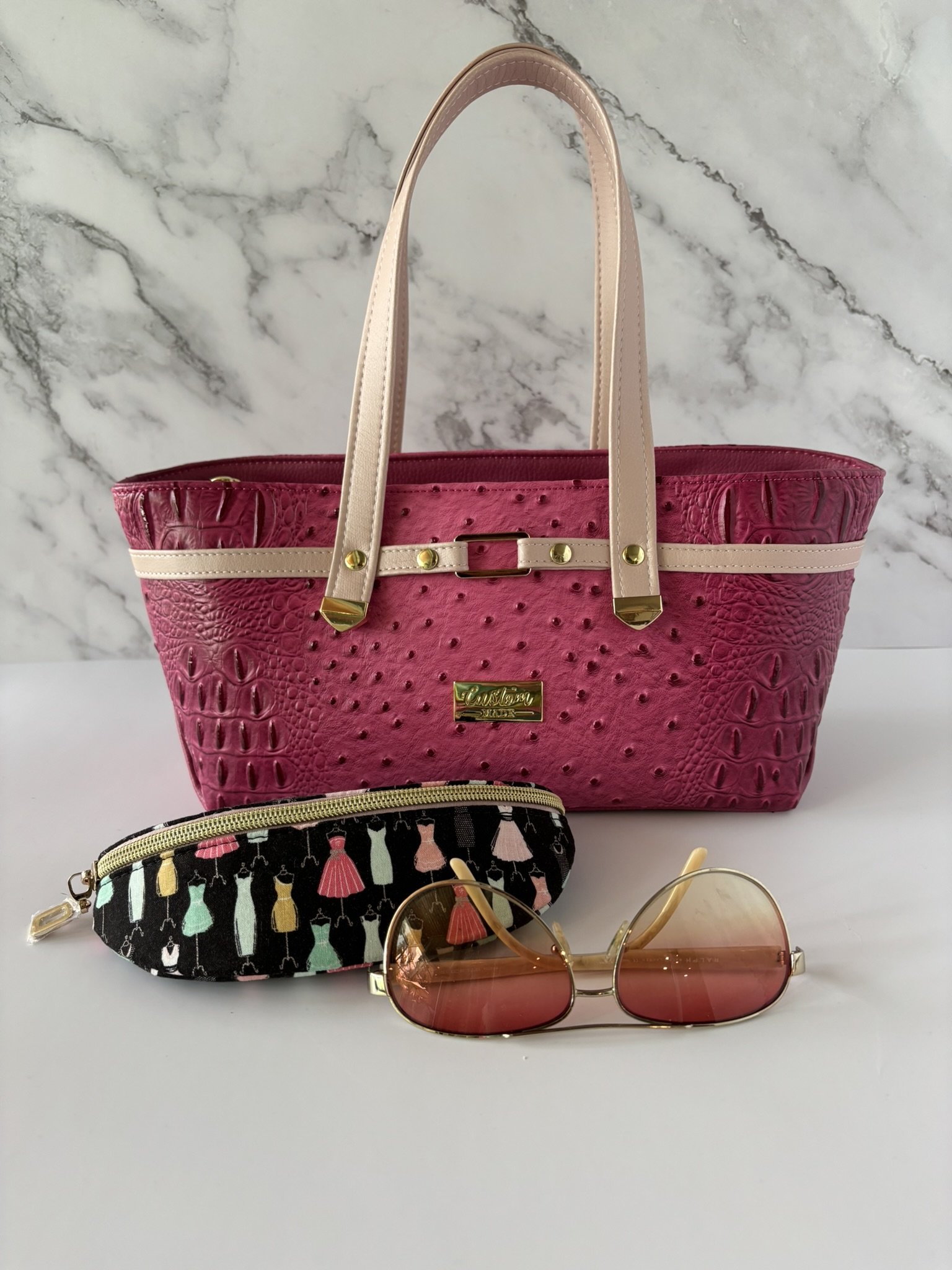 The “I’m Fabulous” Pink/Blush Croc/Ostrich Handbag with Sunglass/Eyeglass case
