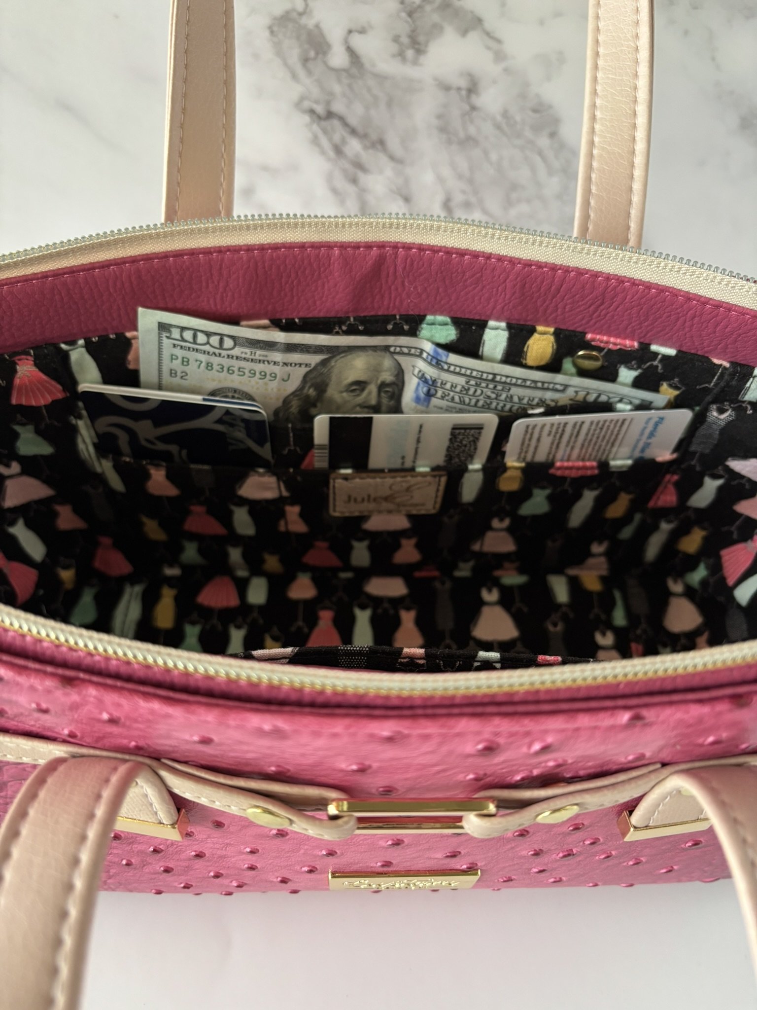 The “I’m Fabulous” Pink/Blush Croc/Ostrich Handbag with Sunglass/Eyeglass case