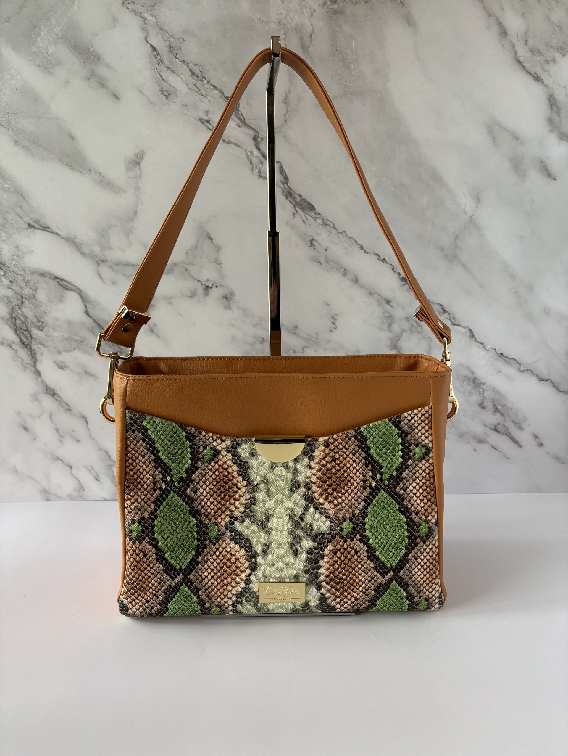 Green Snakeskin Shoulder Handbag - Premium Faux Leather