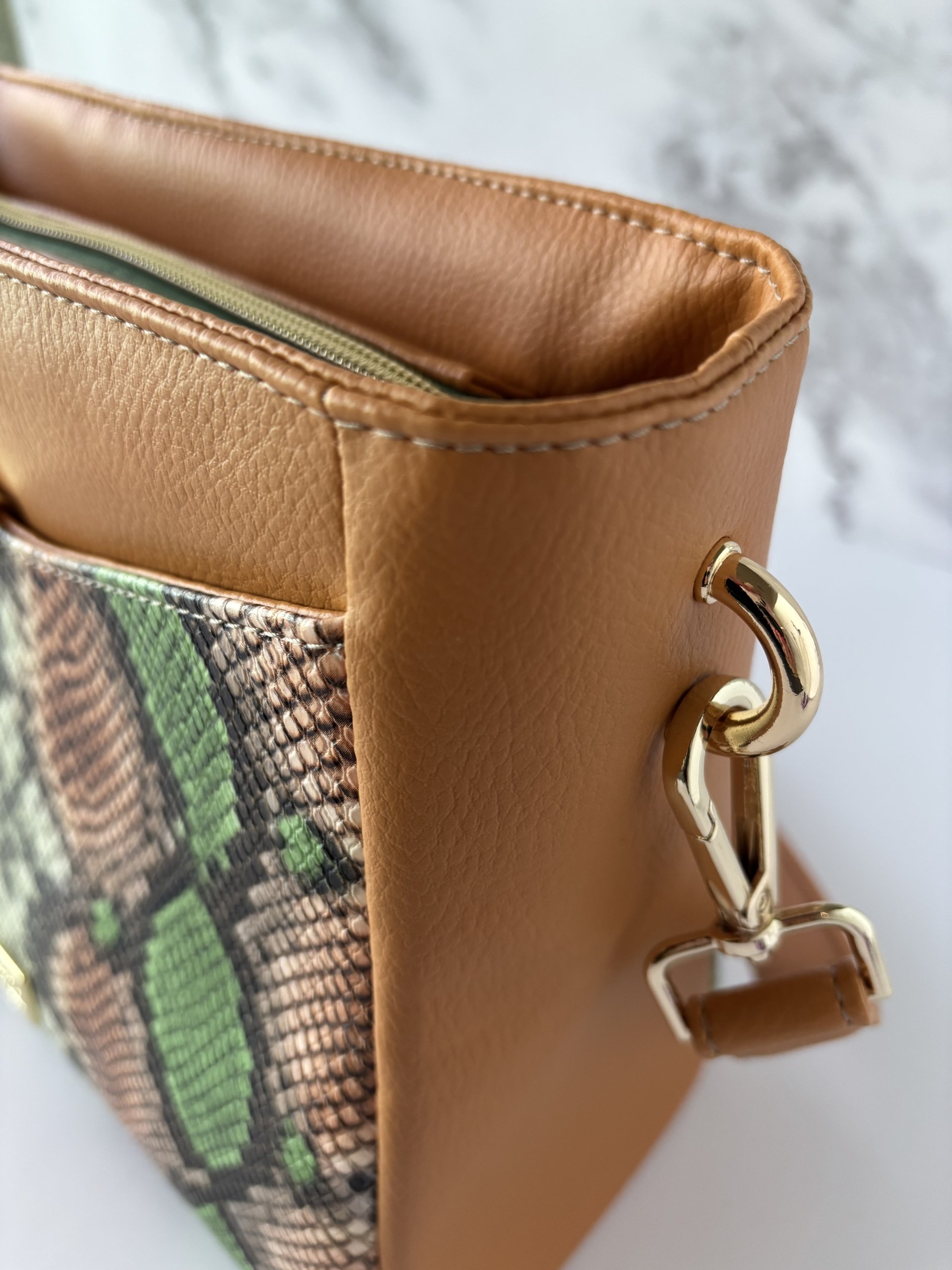 Green Snakeskin Shoulder Handbag - Premium Faux Leather