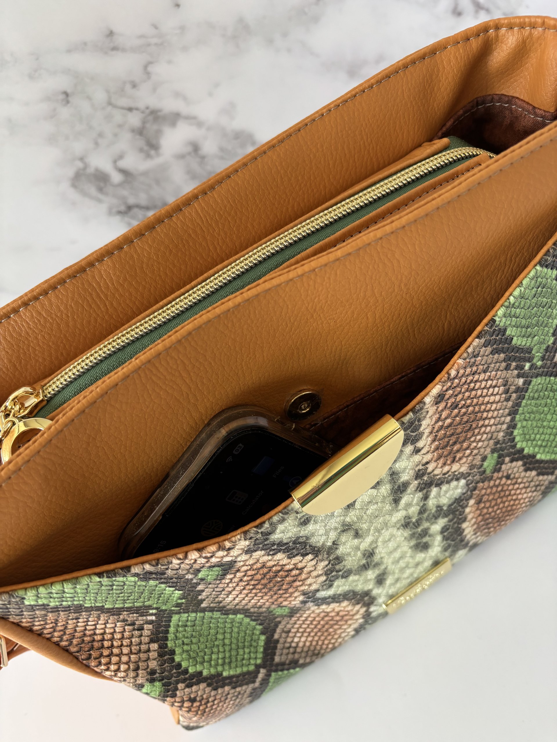 Green Snakeskin Shoulder Handbag - Premium Faux Leather