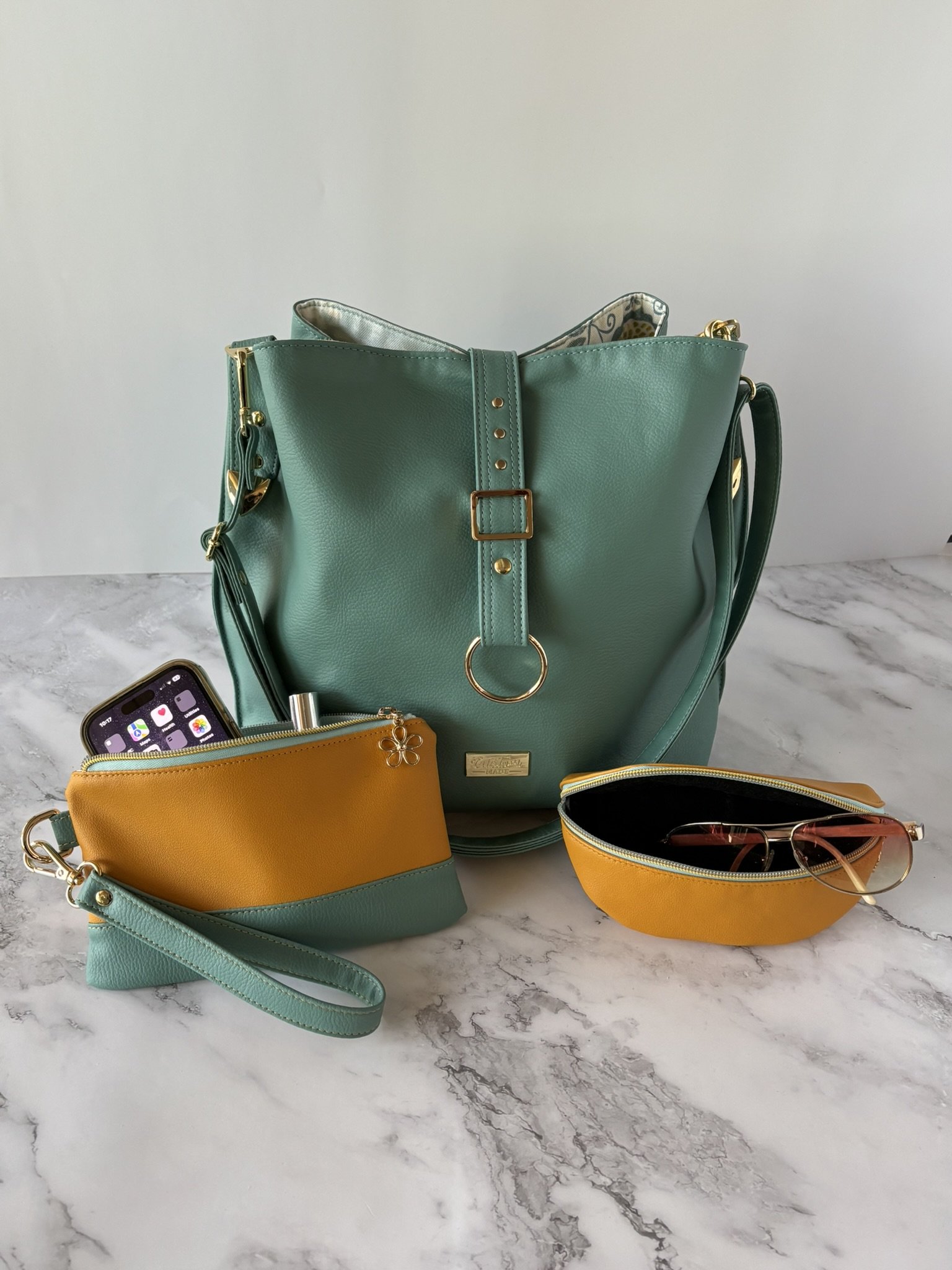 3-Piece Green Pastel Wintergreen Semi-Slouch handbag 3-piece set with wristlet and sunglass/eyeglass case included