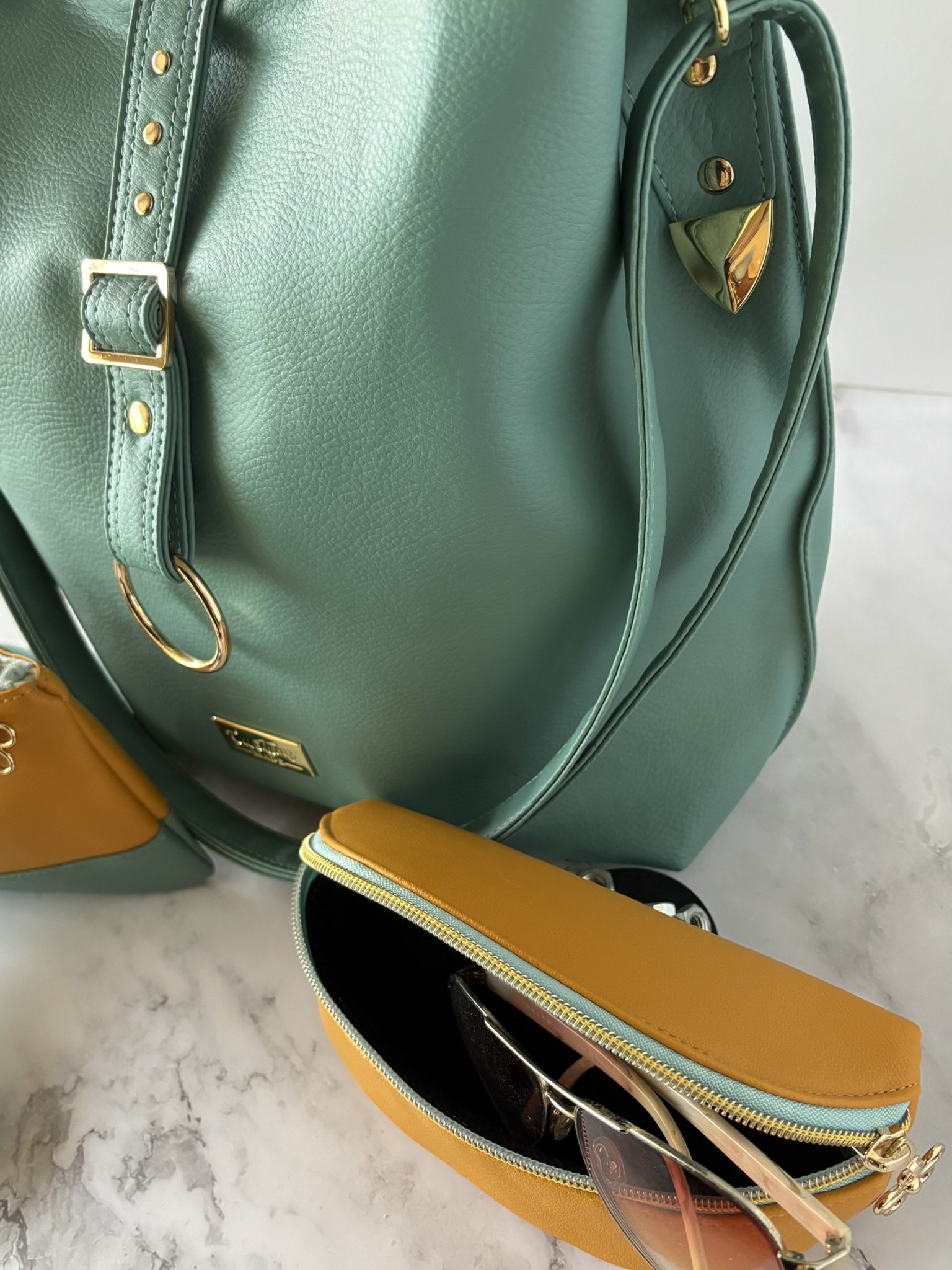3-Piece Green Pastel Wintergreen Semi-Slouch handbag 3-piece set with wristlet and sunglass/eyeglass case included