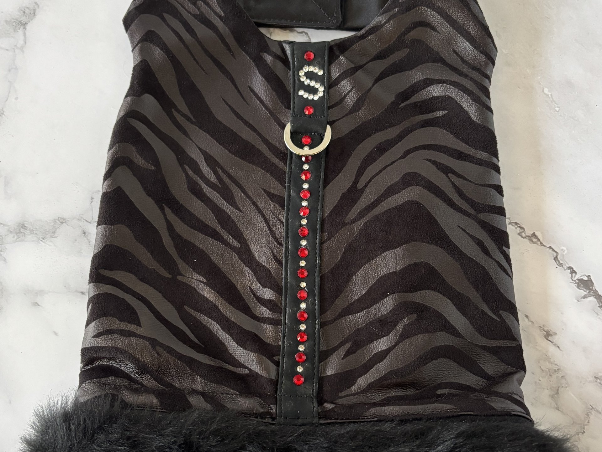 Fashion faux leather & suede dog harness with fur trim - with "S" initial in Austrian Crystals - for the small breed fashion lover