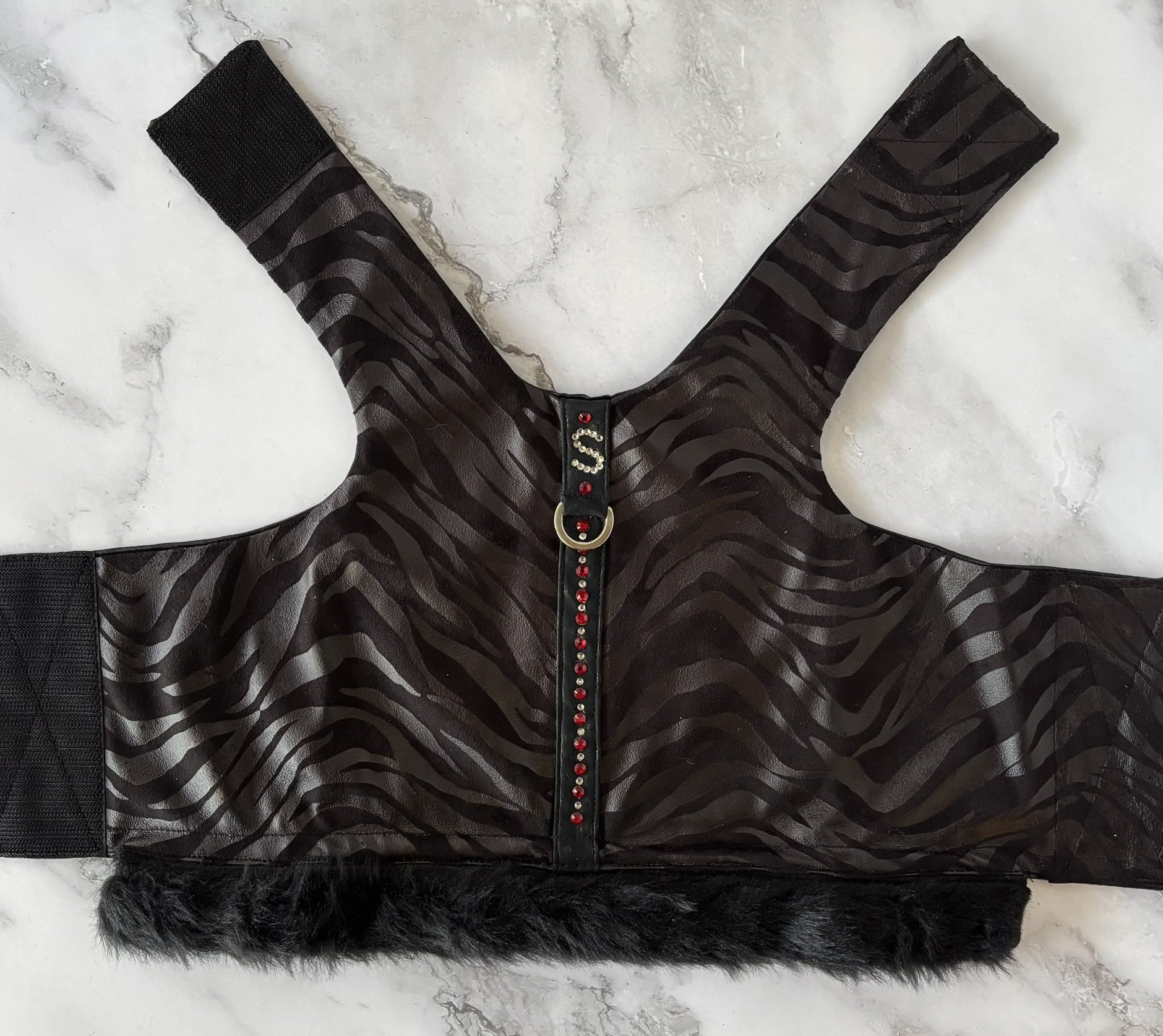 Fashion faux leather & suede dog harness with fur trim - with "S" initial in Austrian Crystals - for the small breed fashion lover