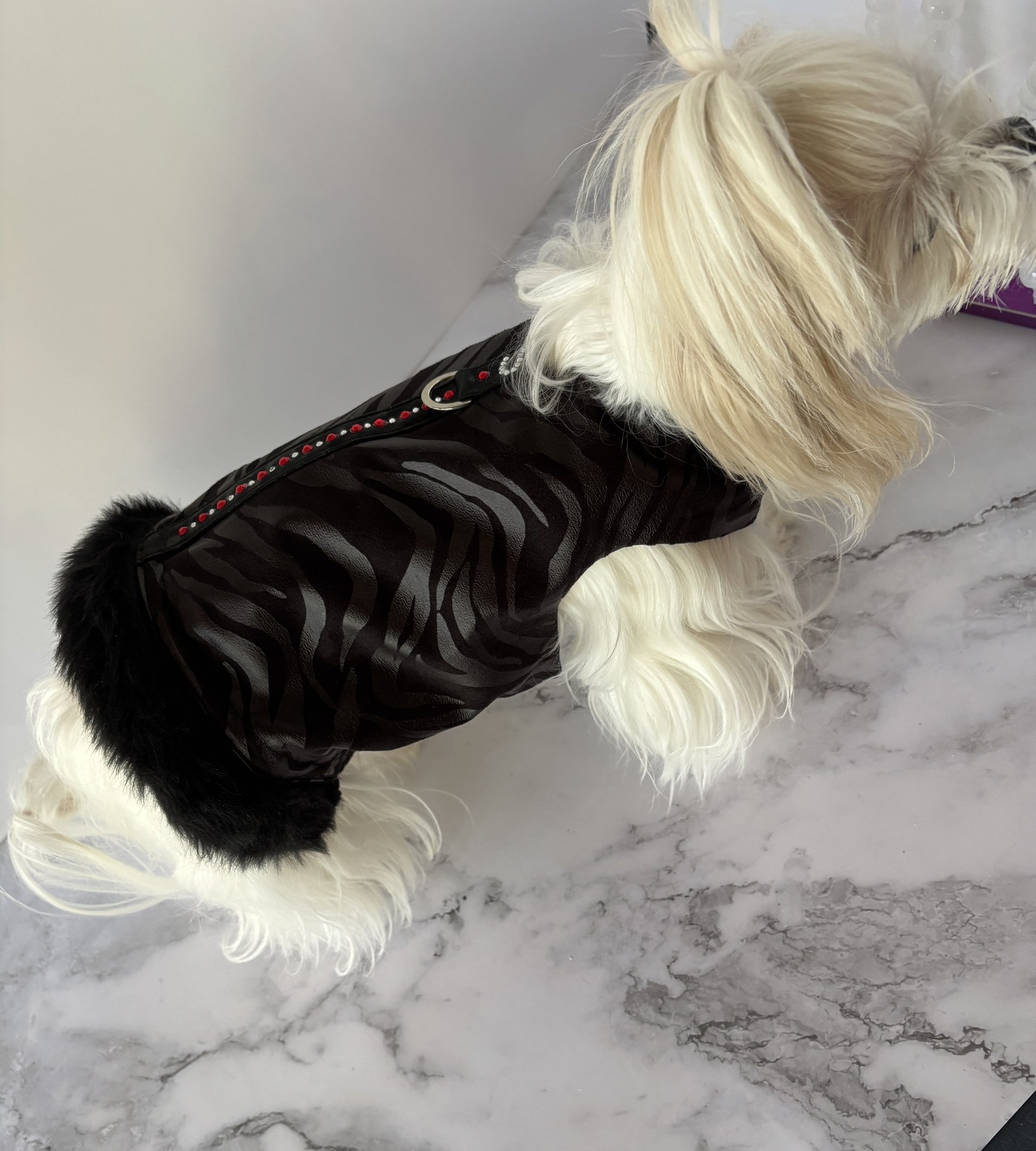 Fashion faux leather & suede dog harness with fur trim - with "S" initial in Austrian Crystals - for the small breed fashion lover