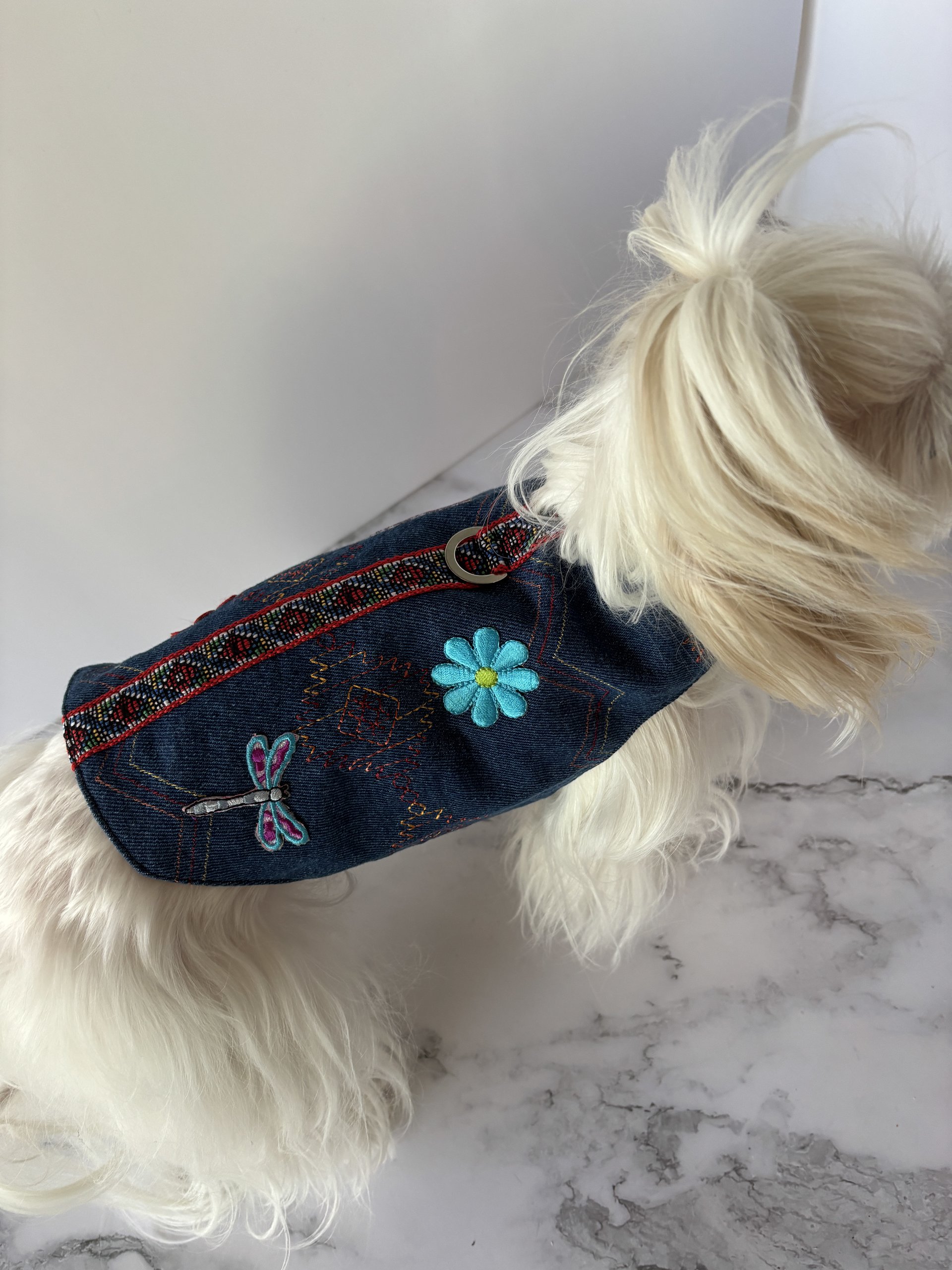 Denim dog harness for the fashionable, relaxed pup - One of a kind - Handmade Aztek style denim small dog vest with D-ring