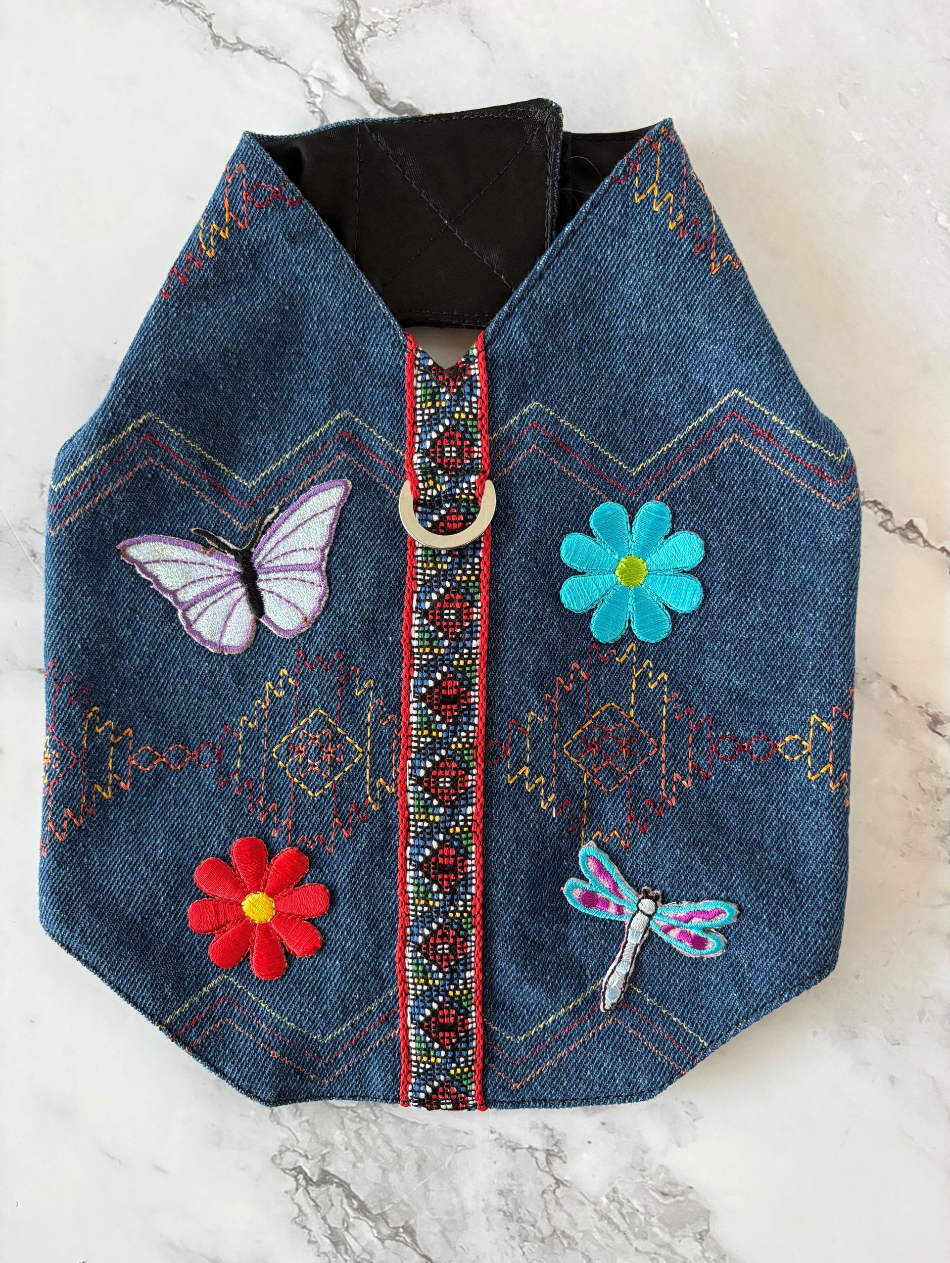 Denim dog harness for the fashionable, relaxed pup - One of a kind - Handmade Aztek style denim small dog vest with D-ring